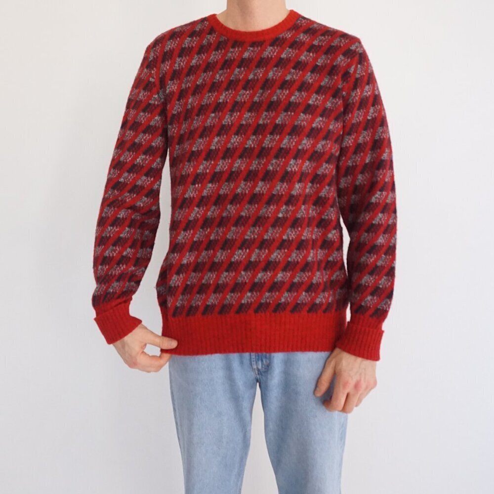 Vintage Ingo Red Gray Diagonal Stripe Pattern Crewneck Wool Knit Sweater Large